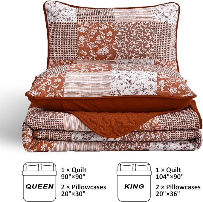 Mybedsoul Burnt Orange Quilt Set Queen Size, 3 Pieces Boho Plaid Terracotta - Image 5