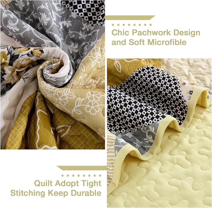 Dinjoy Boho Queen Quilt Set, 3-Piece Reversible Soft Plaid Floral Bedding Set - Image 5