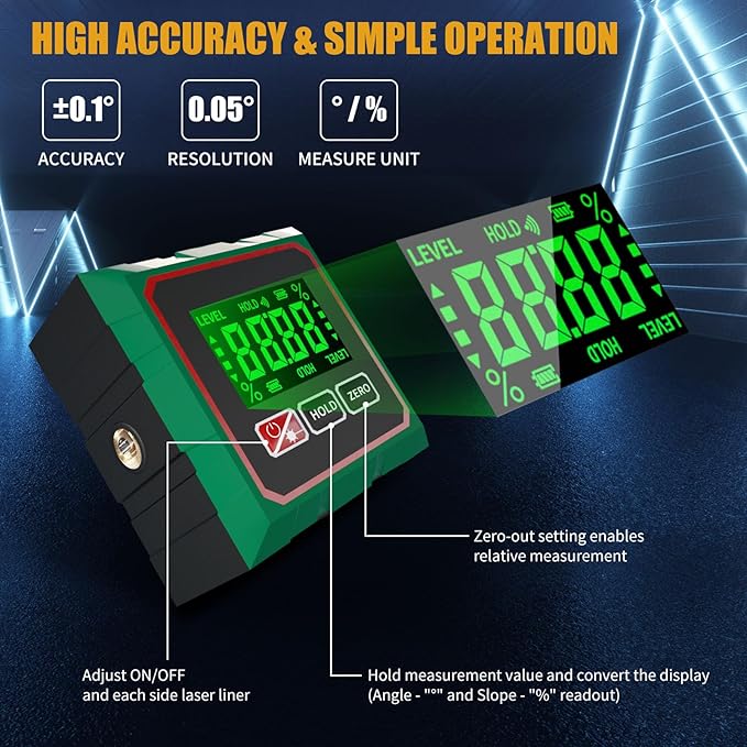 Comodico Digital Angle Finder with Laser, 4 Side Magnetic Angle Gauge Cube Inclinometer with Backlight, USB Charging Electronic Level Tool Protractor for Woodworking, Table Saw