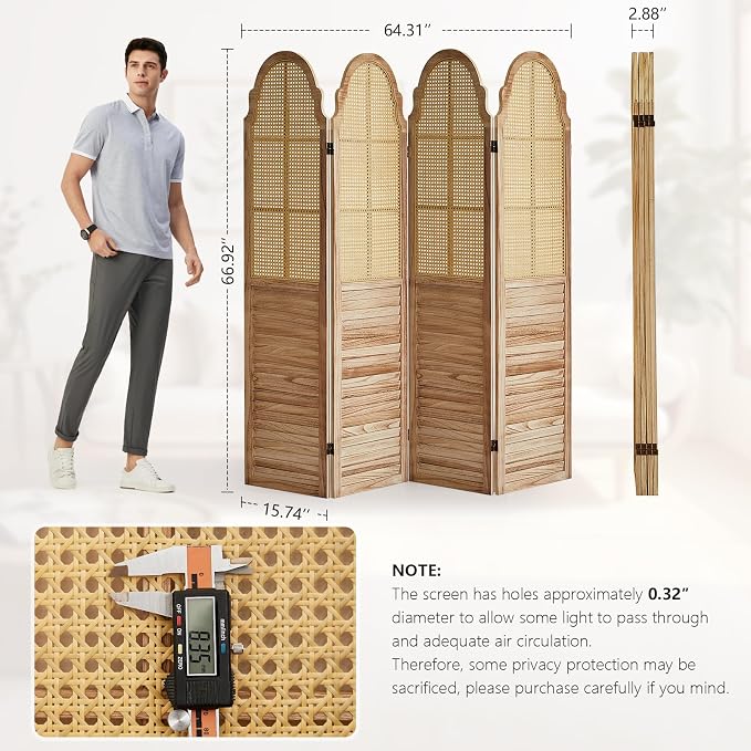 4 Panels Room Divider Wall, Rustic Rattan Room Divider, Wood Folding Privacy - Image 2