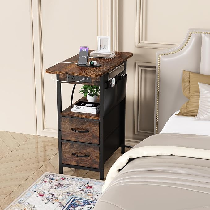 Yenlure Small Side Table with Charging Station, Narrow Nightstand Bedside - Image 2