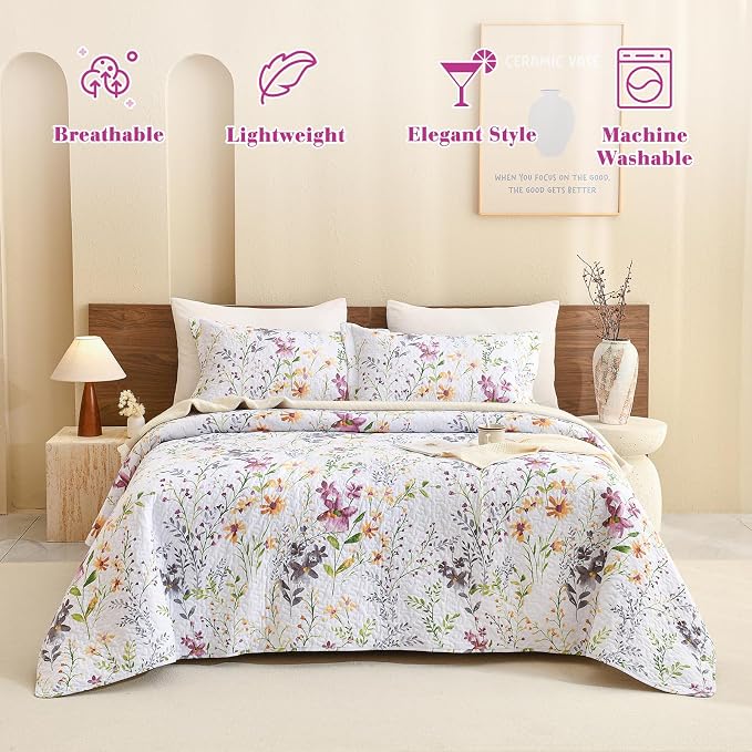 QSH 100% Cotton Quilt Oversized King Set-3Pcs Floral Bed Quilt California King - Image 9
