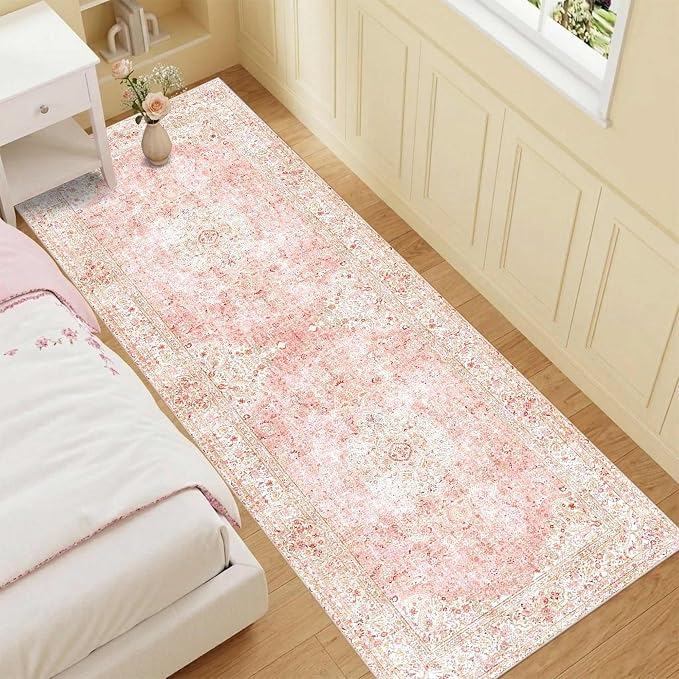 Latte&Fog 2.6x8 Washable Hallway Runner Pink Rug - Image 4