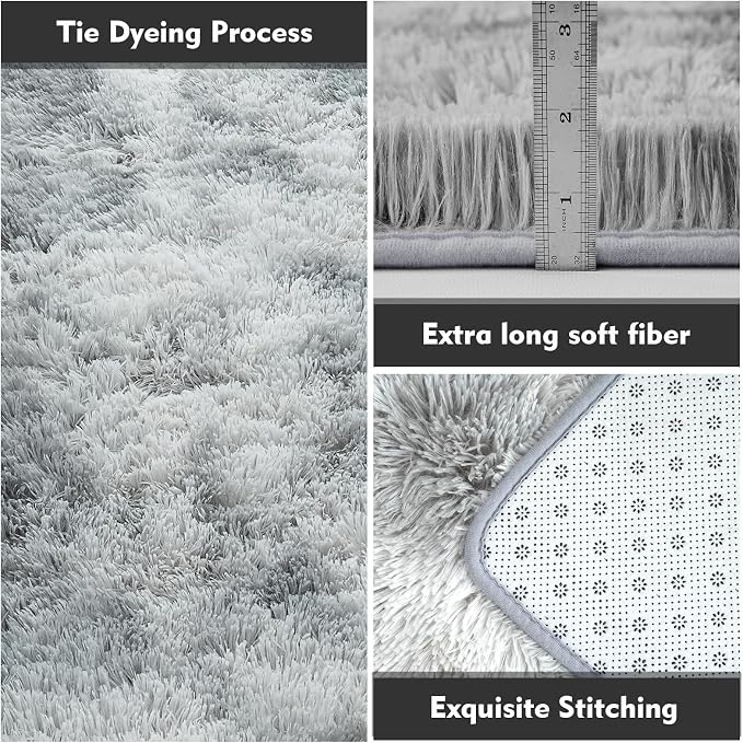 Small Shag Area Rug for Bedroom, 2x3 Light Grey Tie-Dyed Soft Plush Carpet | - Image 6