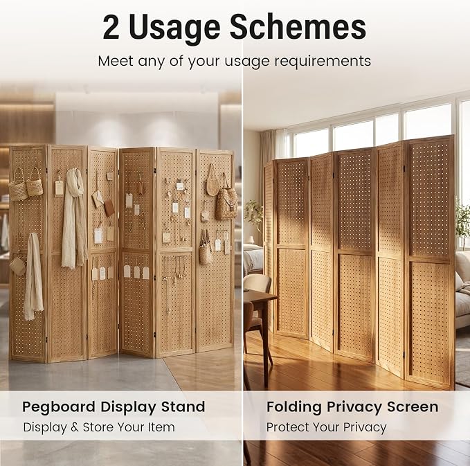 6 Panel Pegboard Room Divider, Folding Privacy Screen, Natural | 5.6 Ft Tall - Image 2