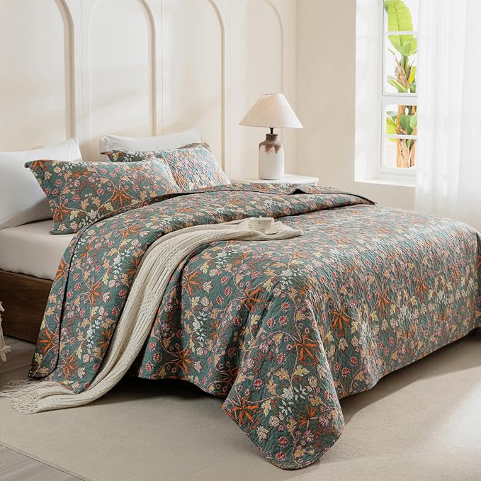 QSH 100% Cotton Oversized King Bedspread Set-3Pcs Floral Quilt Coverlet by QSH