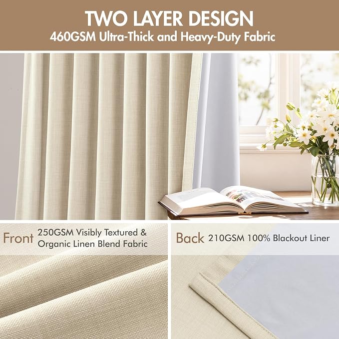 MIULEE Pinch Pleated 100% Blackout Curtains 40"x102" Long Cream 4 Panel Set | - Image 4