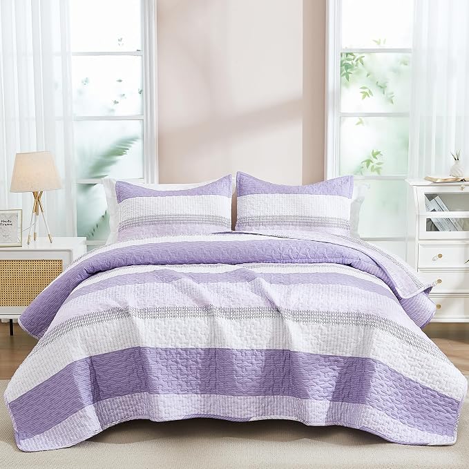 Queen Quilt Set Lavender, 3 Pieces Striped Bedspread | Ultra Soft Summer - Image 8