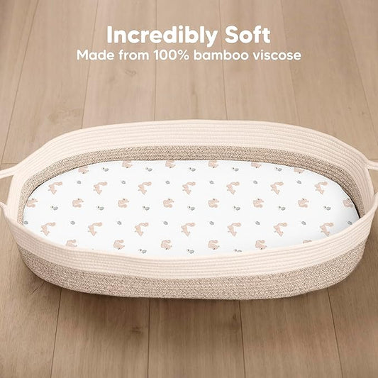 2-Pack Baby Bassinet Sheets Girl, Boy - 33x17 Viscose Derived from Bamboo Bedside Mattress Fitted Bassinet Sheets, Compatible with Halo Bassinest Swivel Sleeper, Baby Delight, Graco(Nibbles/Bruce)