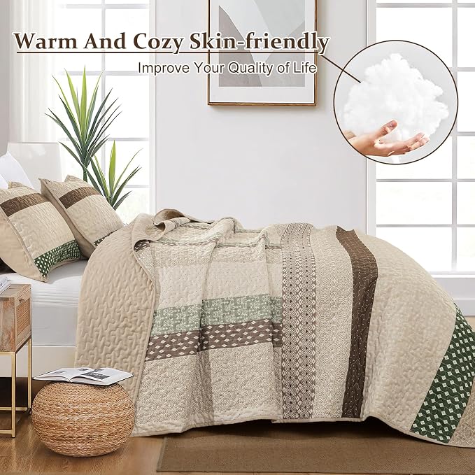 WONGS BEDDING Khaki Quilt King Size, Soft Stripe Bedspreads | Reversible - Image 5