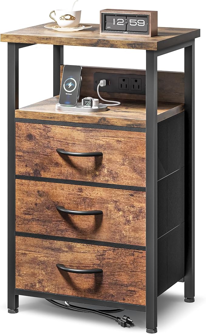 Lazzanto Night Stand with Charger Station, 3 Fabric Drawers, Bedside Table by Lazzanto