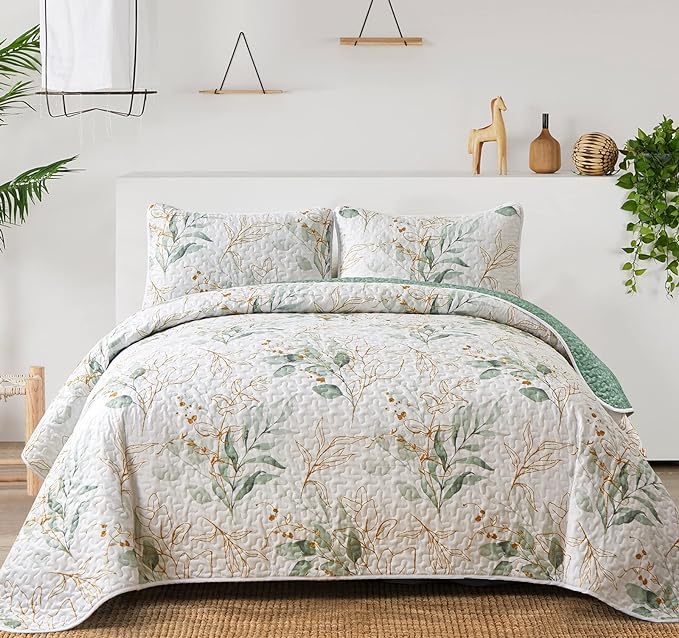 Anibedding Queen Quilt Bedding Set 3 Pieces Green Botanical Bedspreads | Soft by Anibedding