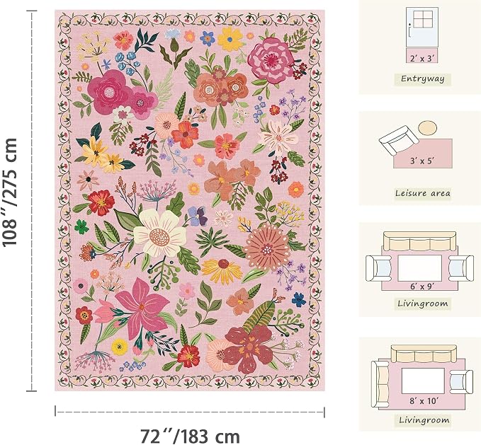 Latte&Fog Floral Area Rugs 6x9, Large Washable Pink Rugs - Image 2