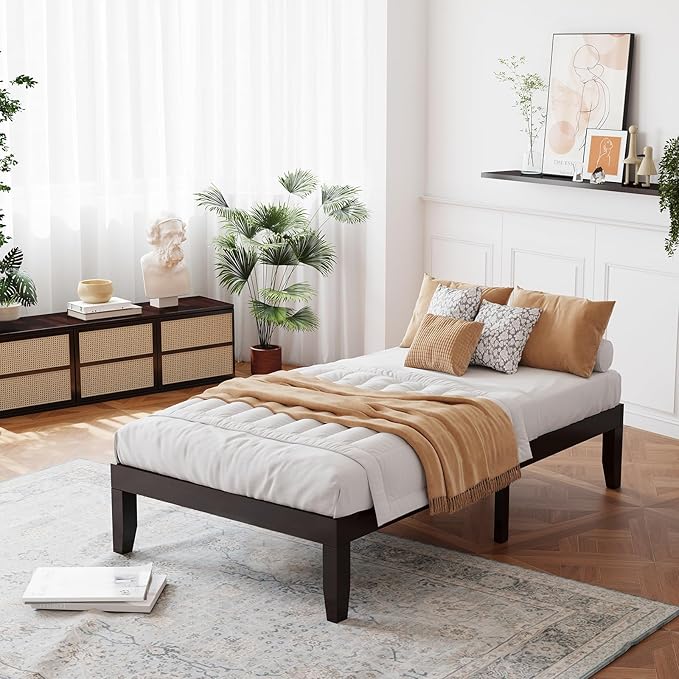 Giantex 14 Inch Twin Wood Platform Bed Frame, Minimalist Mattress Foundation with Solid Rubber Wood, Heavy Duty Wood Slat Support, Without Headboard, Easy Assembly, No Box Spring Needed, Espresso