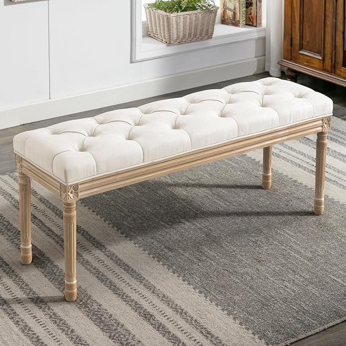 LUE BONA 44" Bedroom Bench, Fabric End of Bed Bench, Upholstered French Tufted - Image 2