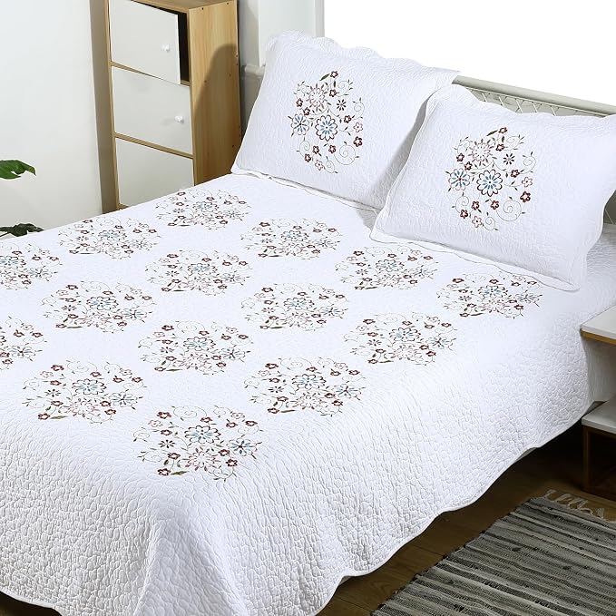 ROOMLIFE Quilt Set Full Size 3D Floral Embroidery Pattern 3-Piece Cotton - Image 2
