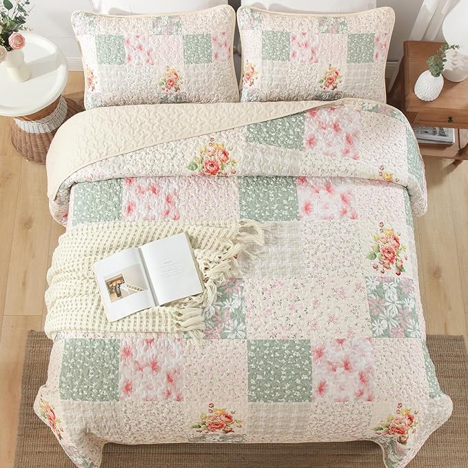 Mybedsoul Beige Patchwork King Size Quilt, Soft Boho Floral King Bedspreads - Image 5