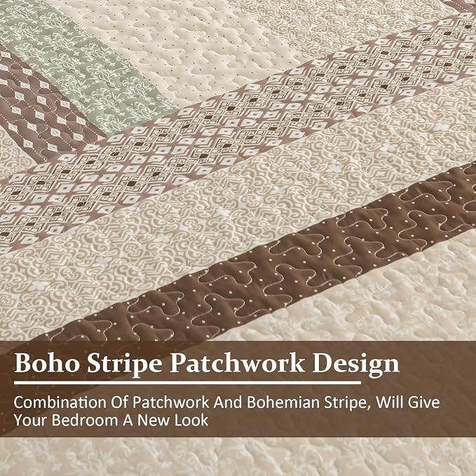 WONGS BEDDING Khaki Quilt Queen Size, Soft Stripe Bedspreads | Reversible - Image 7