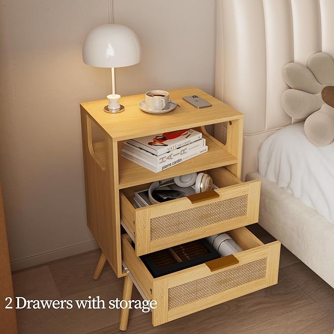 Rattan Nightstand,Farmhouse Bedside Table with 2 Storage Drawer and Open Wood Shelf, for Bedroom and Small Spaces,Night Stand with Solid Wood Legs (Yellow Oak)