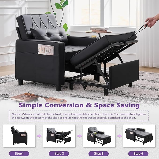 Faux Leather Convertible Sleeper Chair Bed, Single Pull Out Sofa, USB & Type-C - Image 4
