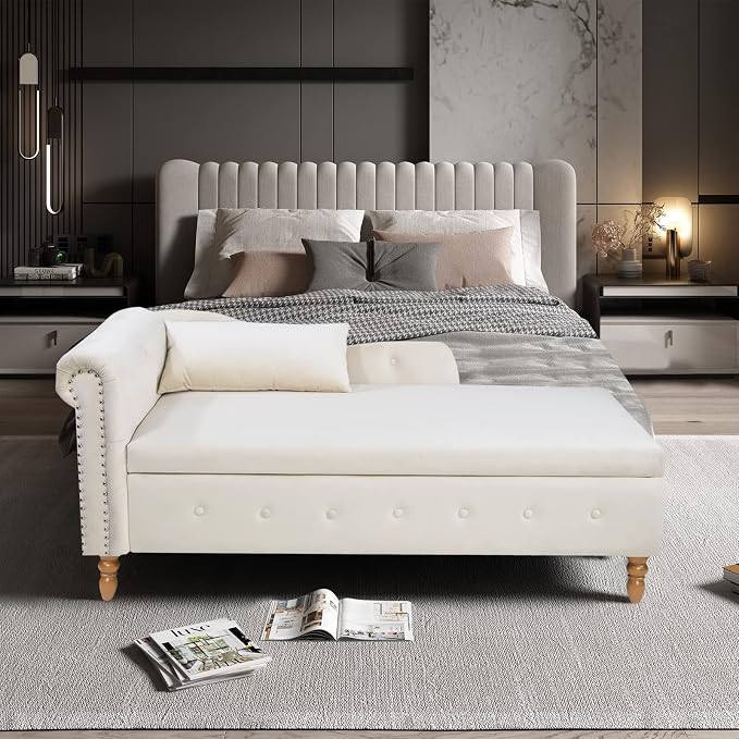 Aoowow Velvet Bedroom Storage Bench End of Bed, Rolled Arm Couch Indoor Chaise - Image 7