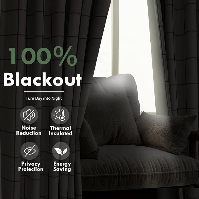 DriftAway 100% Blackout Plaid Linen Curtains W52xL96 Loden Green | 100% Blackout - Image 5