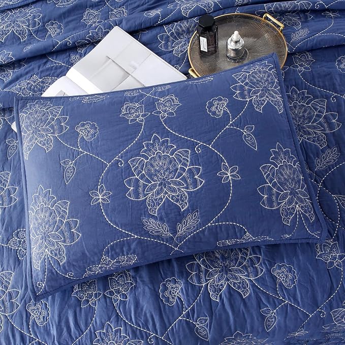 ROOMLIFE Quilt Set Full Size 3D Floral Embroidery Pattern 3-Piece Cotton - Image 6