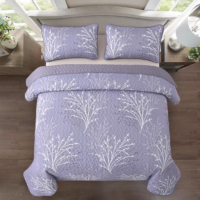 DJY Purple Quilt Set King Size Branch Botanical Bedspread Coverlet Set | 3 - Image 3