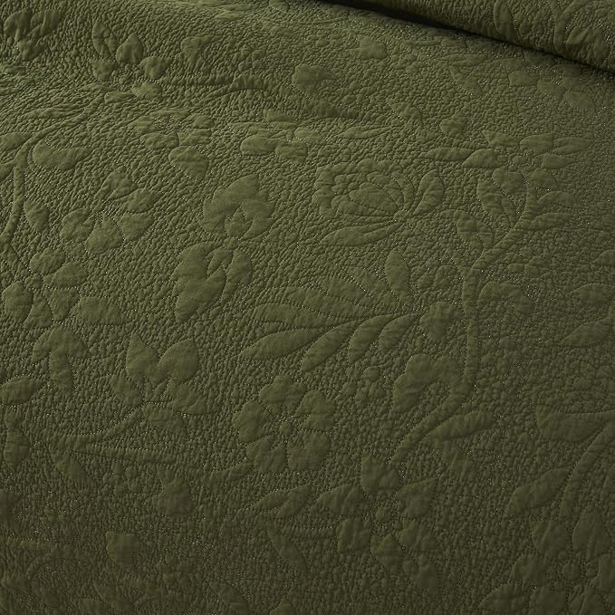 Brandream Olive Green Floral Vine Cotton Quilt Set King Size Luxury Scalloped - Image 5
