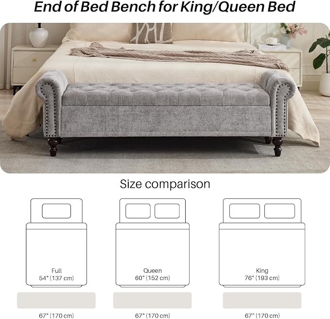 SOFTHION 67" Storage Bench for Bedroom, Chenille Upholstered, Light Grey | King - Image 5