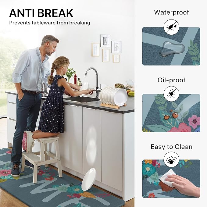 GENIMO Anti Fatigue Kitchen Mats for Floor, Non Slip Washable Home Theme Rugs Sets of 2, Farmhouse Cushioned Waterproof Comfort Runner Rug for Kitchen, Sink, Desk, Laundry, 17"x 47"+17"x 30", Blue