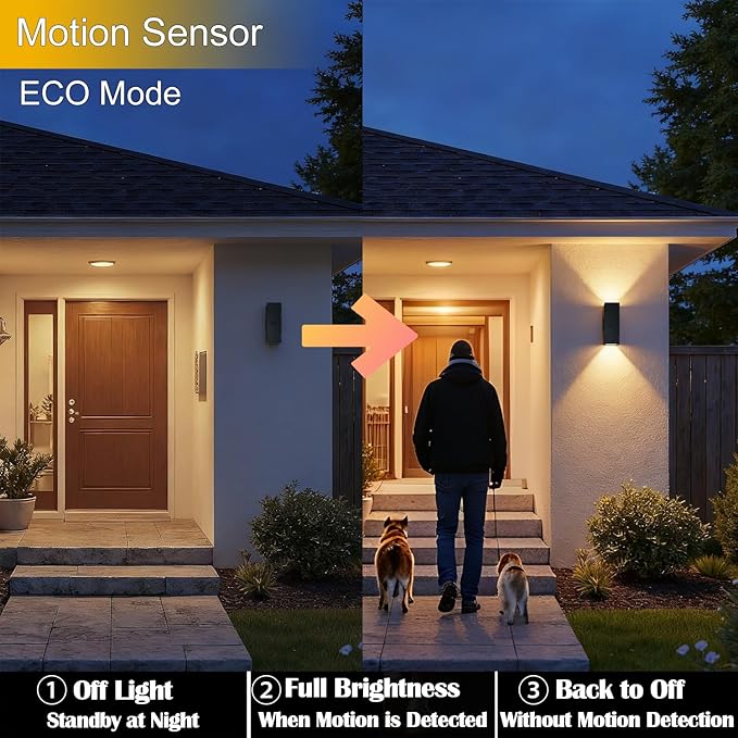 WISELUME 2 Pack Motion Sensor Outdoor Wall Lights, Dusk to Dawn Up & Down Sconces with E26 Dimmable LED Bulbs, Black Aluminum Porch, Patio, Garage,Front Door Lighting Fixtures, ETL Listed
