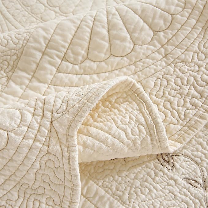 ROOMLIFE Quilt Set Full Size 3D Floral Embroidery Pattern 3-Piece Cotton | - Image 9