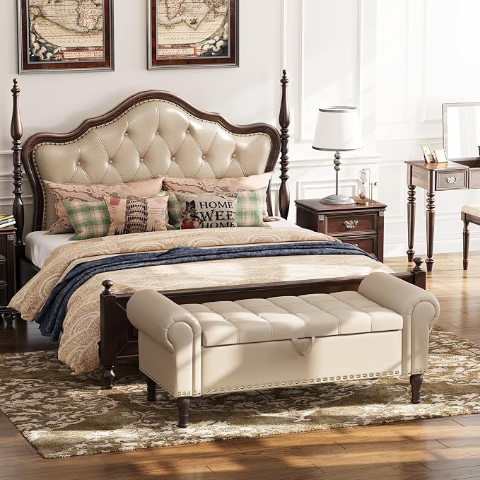 Apicizon 51” Bench with Storage, Faux Leather Ottoman Bench with Rolled Arm & - Image 3