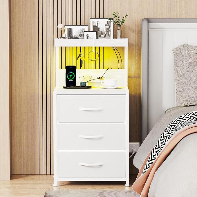 LED Night Stand with Charging Station Set of 2, 3 Fabric Drawer, End Side Table - Image 2