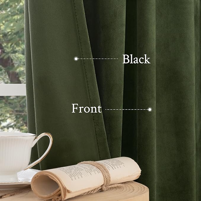 LAMIT Olive Green Velvet Curtains 108 Inch Length for Living Room, Thermal Insulated Blackout Curtains Luxury Room Darkening Back Tab and Rod Pocket Window Drapes for Bedroom, 2 Panels, 52 x 108 Inch