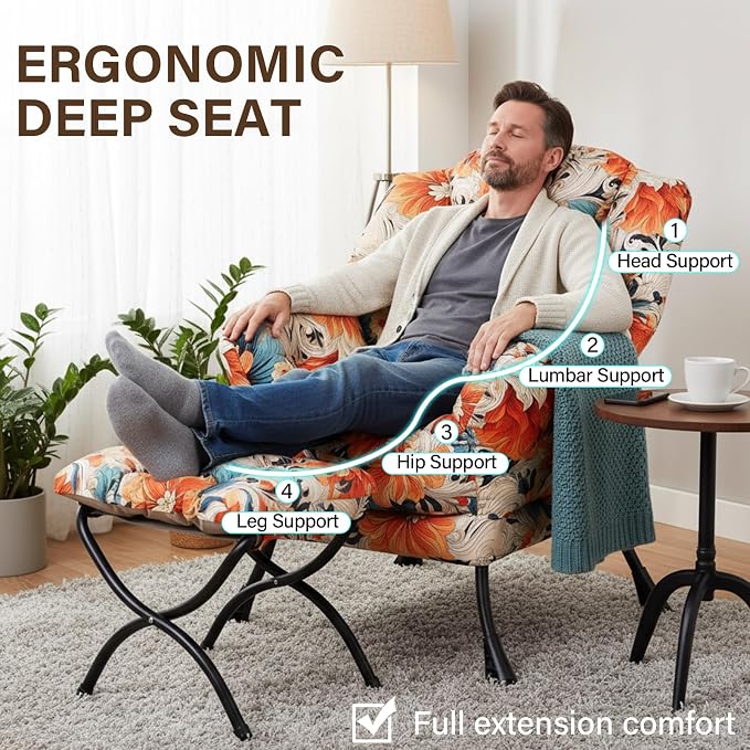 Welnow Lazy Chair with Ottoman, Reading Chair with Footrest, Foldable Footrest - Image 7