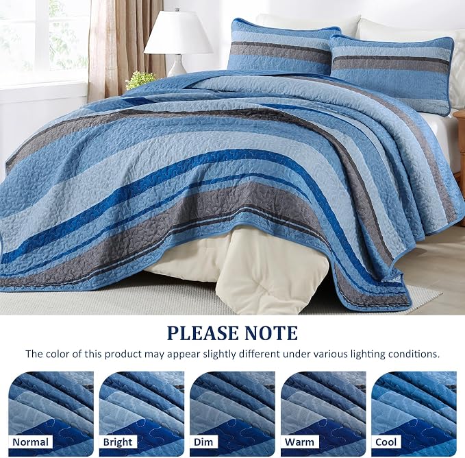 Dobuyly King Size Striped Quilt, Boho Blue Lightweight Bedspread Bedding | - Image 4
