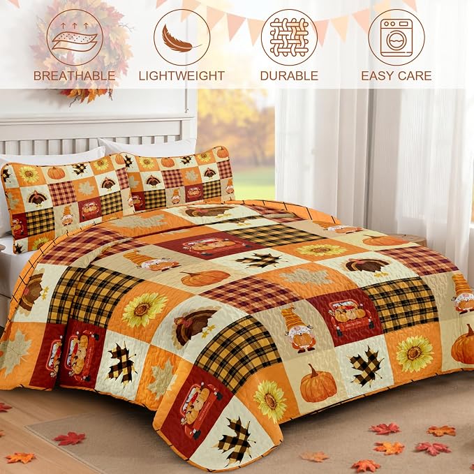 Fall Patchwork Quilt Set Queen Size 3 Piece Thanksgiving Bedding Set Orange | - Image 2