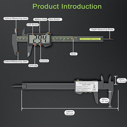 Digital Calipers, Caliper Measuring Tool with Large LCD Screen, Plastics Micrometer Caliper Digital, Auto-Off Feature, Screen Splash Proof, Switch from Inch Metric (6Inch/150mm)