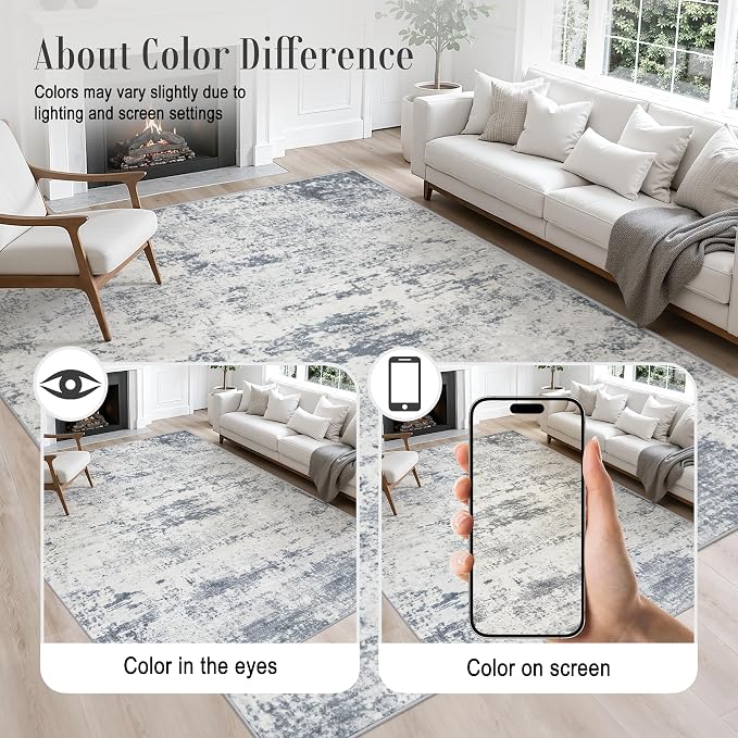 Area Rug Living Room: 4x4 Modern Washable Soft Carpet Blue Grey | - Image 4
