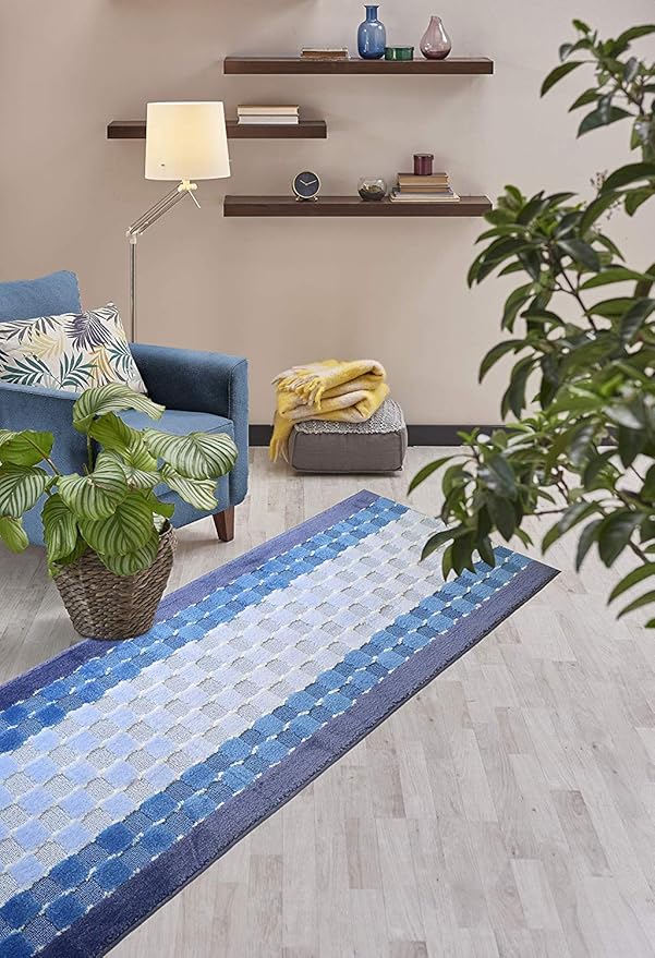 Custom Length Hallway Runner Rug,Slip Resistant,Checkered Blue, 26 Inch X 34 feet, Sold and Priced Per Foot