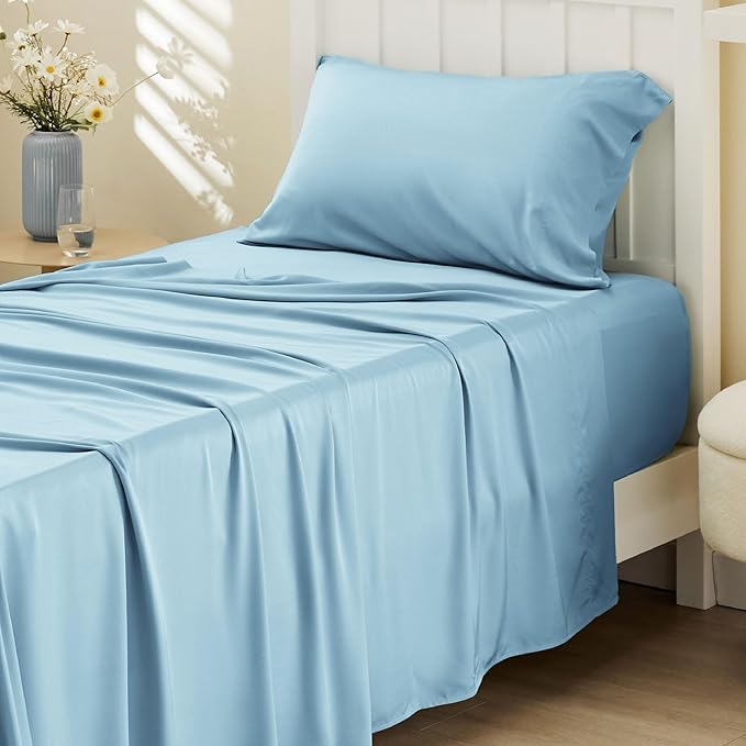 Bedsure Cooling Sheets Twin XL, Rayon Derived from Bamboo, Breathable & Soft Twin XL Sheet Sets, Deep Pocket Up to 16 Inches, Hotel Luxury Silky Dorm Bedding for Hot Sleepers, Aqua