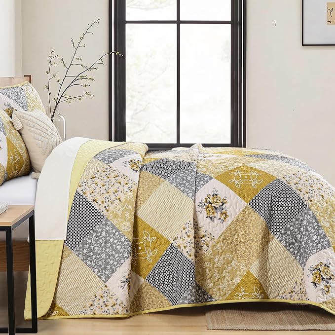 Dinjoy Boho Queen Quilt Set, 3-Piece Reversible Soft Plaid Floral Bedding Set - Image 3