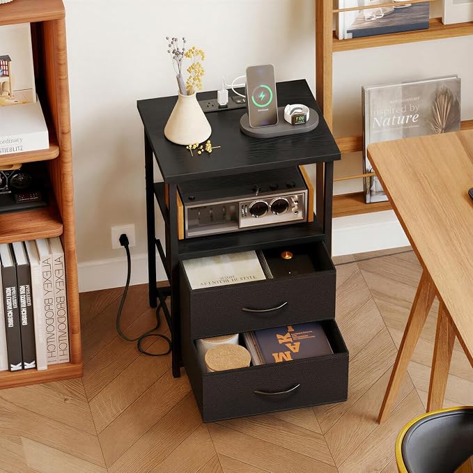 Fixwal Night Stand with Charging Station, 2 Fabric Drawers, 2 AC outlets & 2 - Image 7