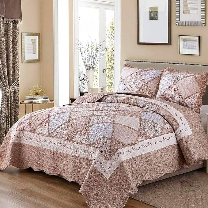 Full/Queen Size Quilt Set Pink Floral Patchwork Bedspreads Bedding Set | by VIVILINEN