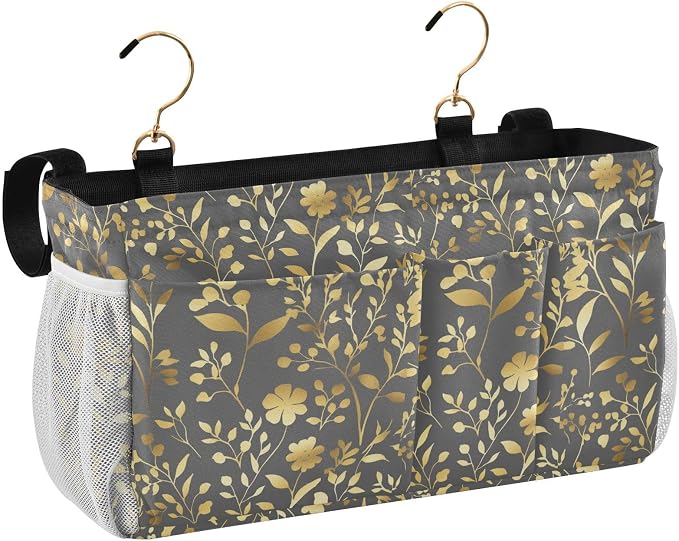 Gold Floral Gray Bedside Caddies Bedside Caddy Storage Bag - Image 2