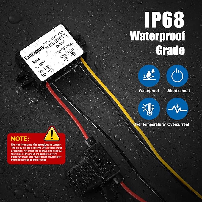 Yancincny DC 24V 36V 48V 60V 72V 84V 90V Step Down to 12V 5A 60W Converter Regulator Reducer Power Supply Module Buck Transformer, Waterproof DC 48V to 12V Converter with Fuse for Golf Cart
