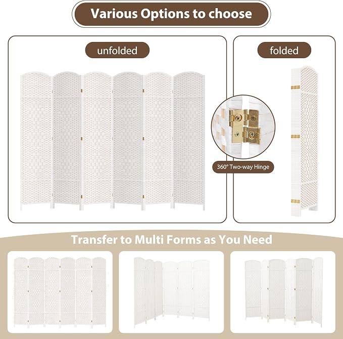 6 Panel Room Divider, 6 FT Wide Folding Screen Room Divider, Off White | Double - Image 3
