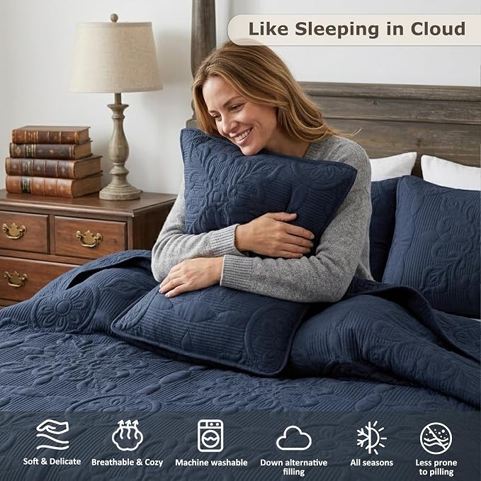 B2EVER Navy Blue Damask Quilt King Size Bedding Sets - Image 3